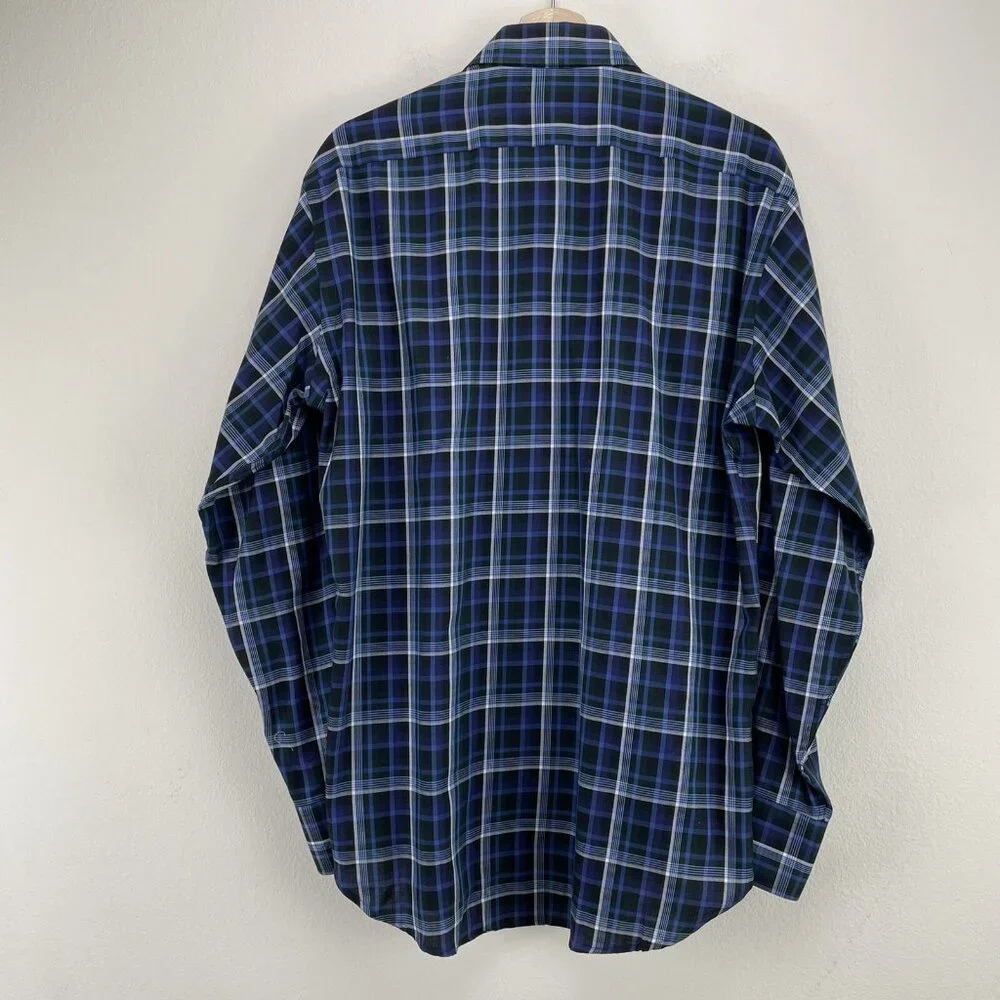Thomas Dean Mens Large Blue Check Print Pima Cotton‎ Button Up Shirt Long Sleeve